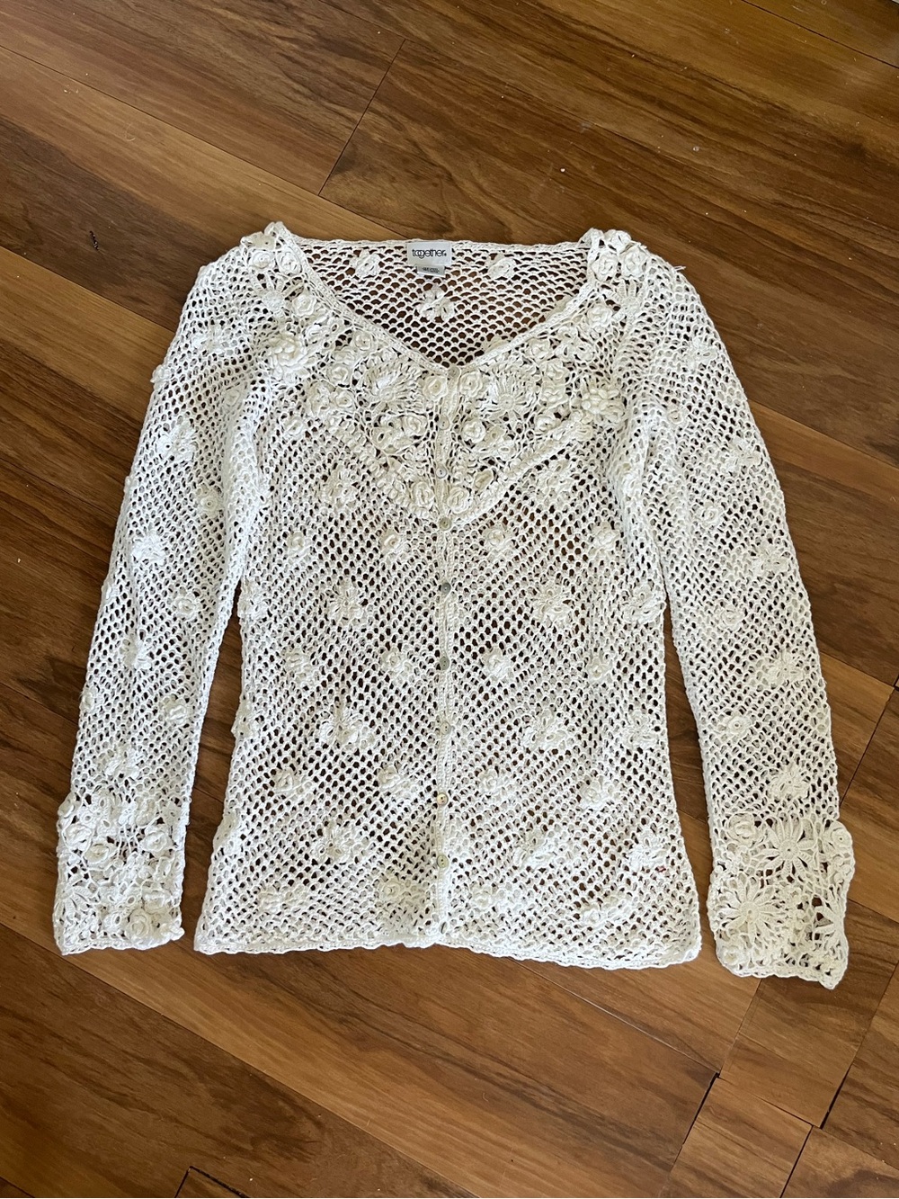 Together Ivory Crochet Floral Applique Button Front Cardigan Sweater Womens M